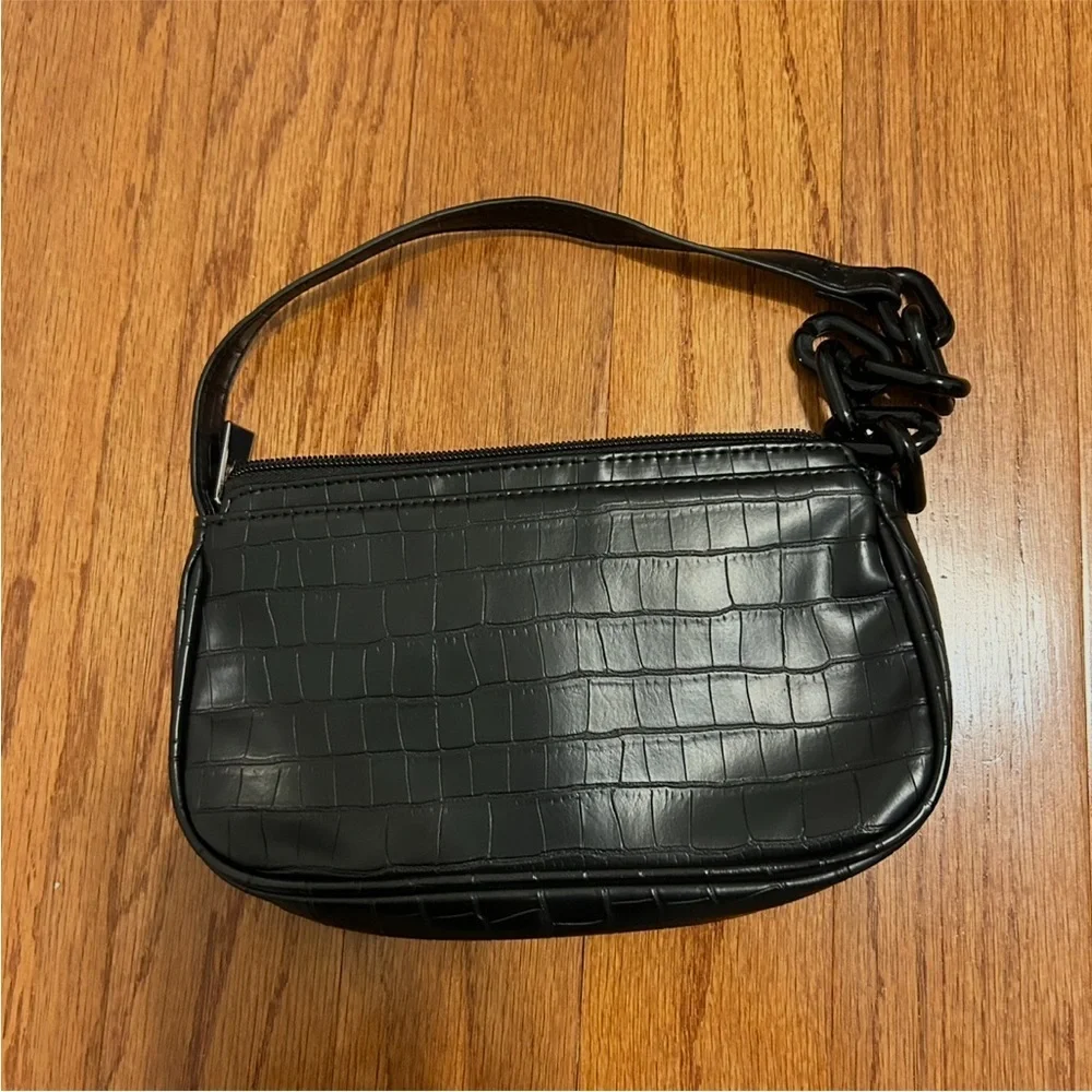 Black Croc Embossed Shoulder Bag Trendy Baguette Purse